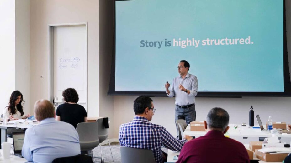DataStory course being taught live in a classroom with a teach lecturing in front of a class