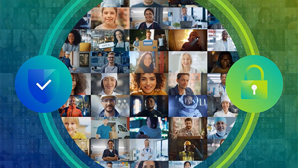 A large collage of people's faces in a circle, with a blue shield on one side and a green lock symbol on the other side.