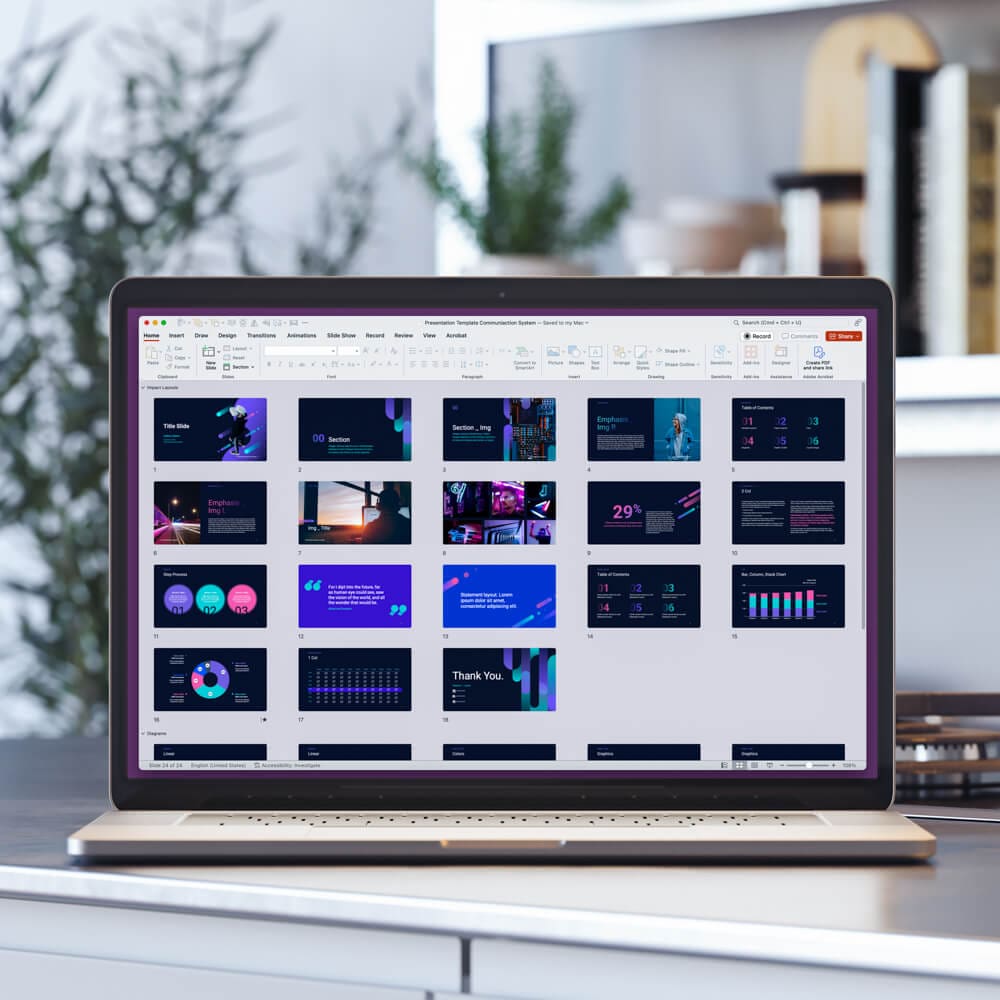 A laptop showing slides and images.