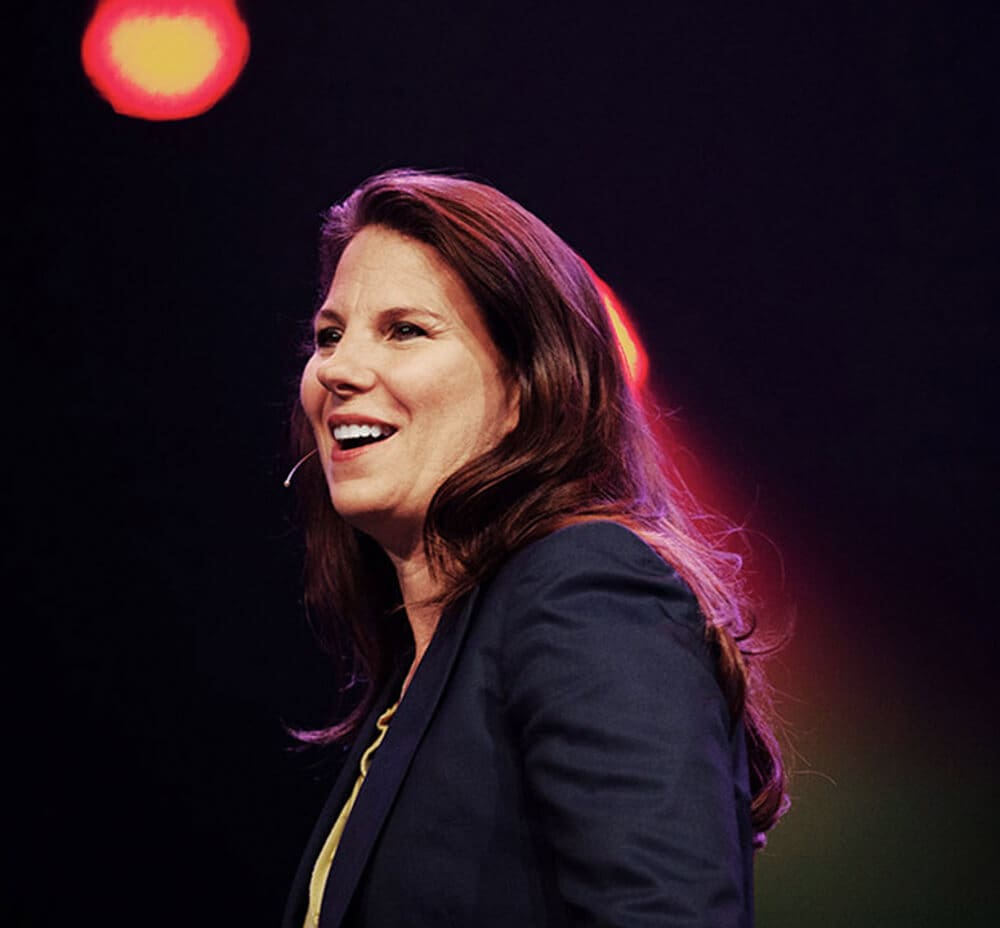 Nancy Duarte smiling during a keynote speaker event.