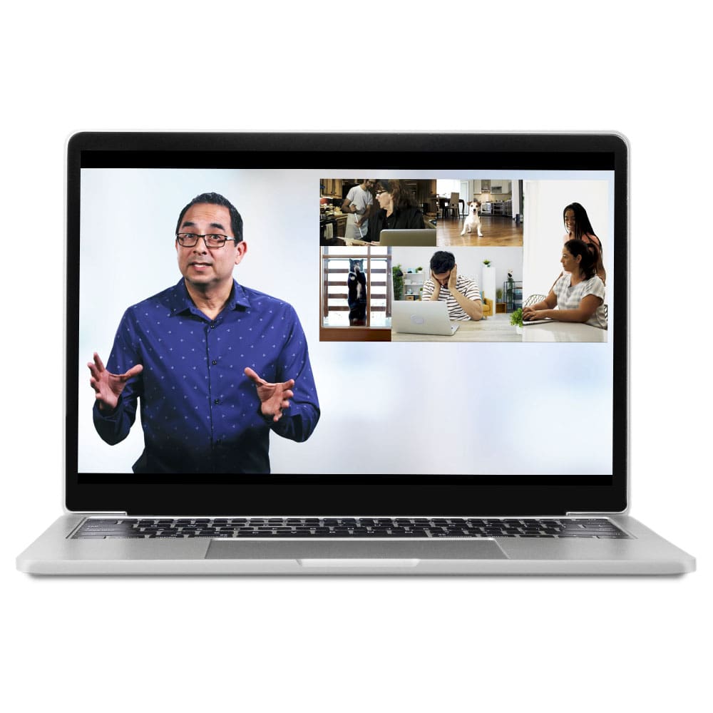 A laptop shows a virtual presentation on the screen.