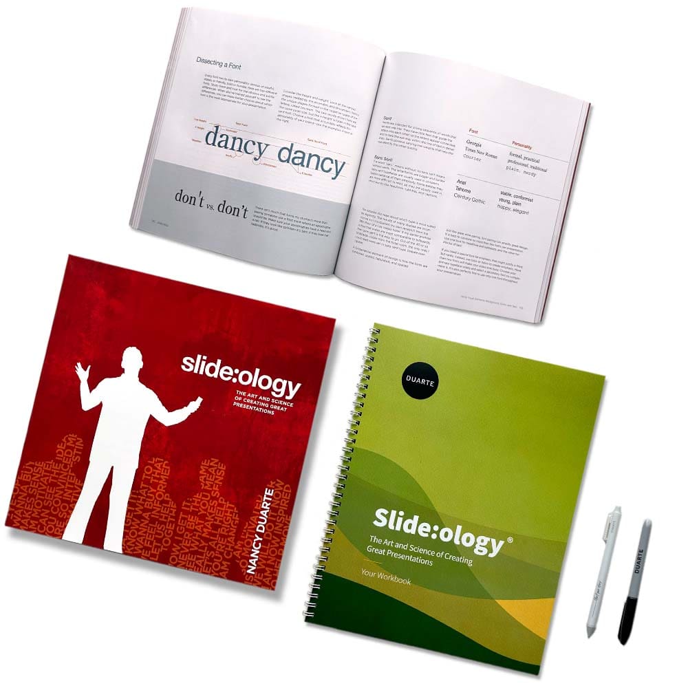 The cover of the Slide:ology book, notebook, and course overview.