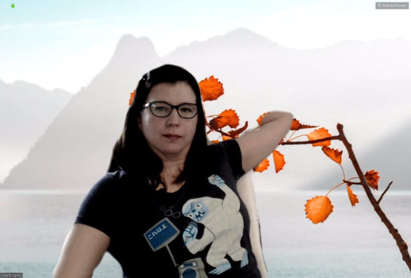 Here I am stretching during a meeting in front of a mountain. 
