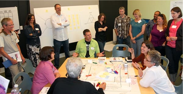 Attendees role play a team meeting