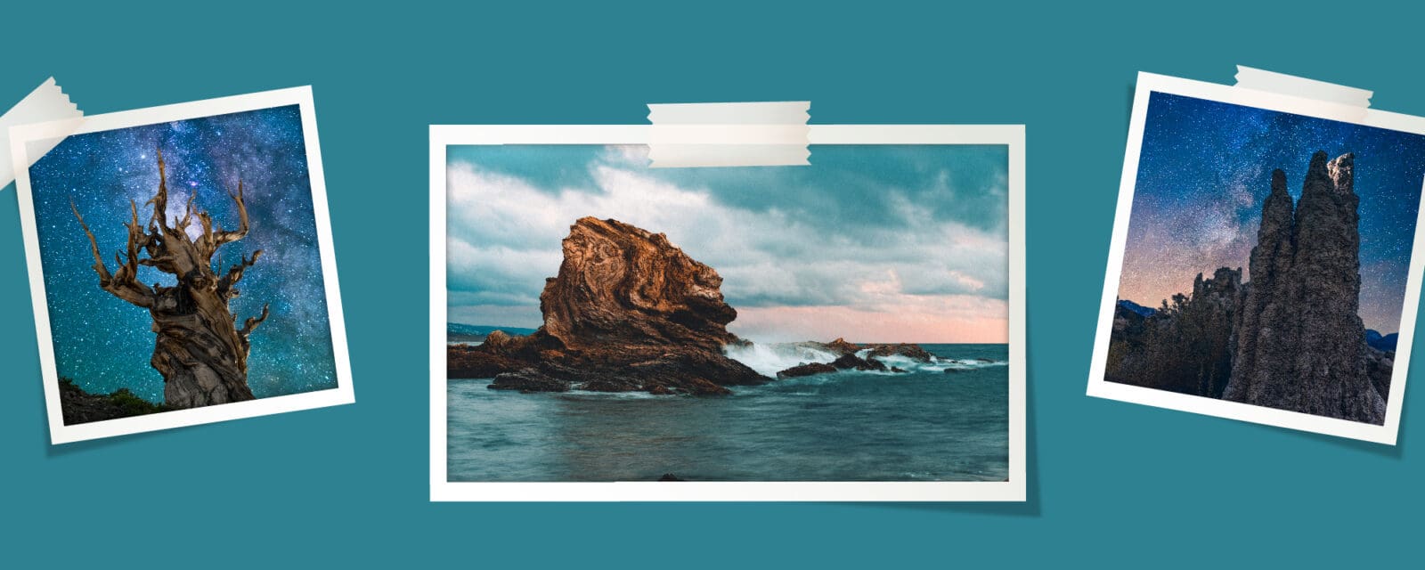 3 photos of different landscapes taped to a blue background