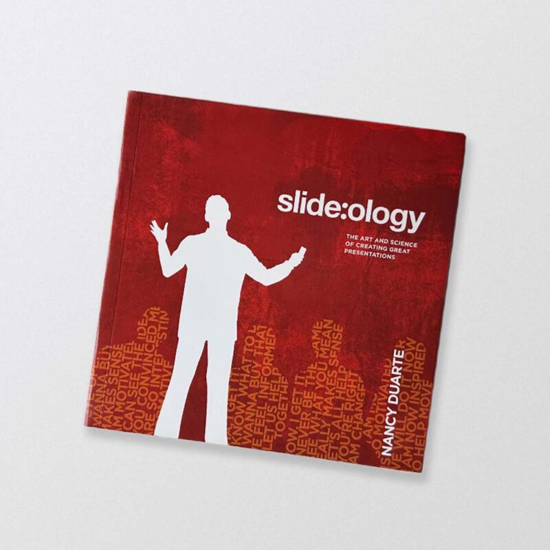 Seventh of eight books to help you communicate better at work. The cover of Slide:ology: The Art and Science of Crafting Great Presentations by Nancy Duarte.