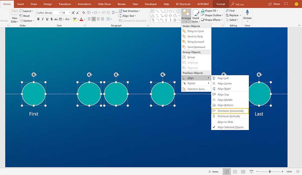 evenly space PowerPoint objects steps