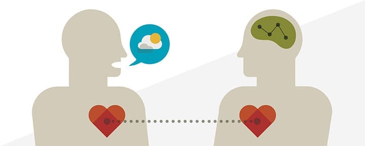 storytelling for empathy, illustration of two people talking with line connecting their hearts