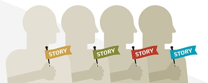 storytelling for marketing sales, 4 people illustrated holding "Story" flags