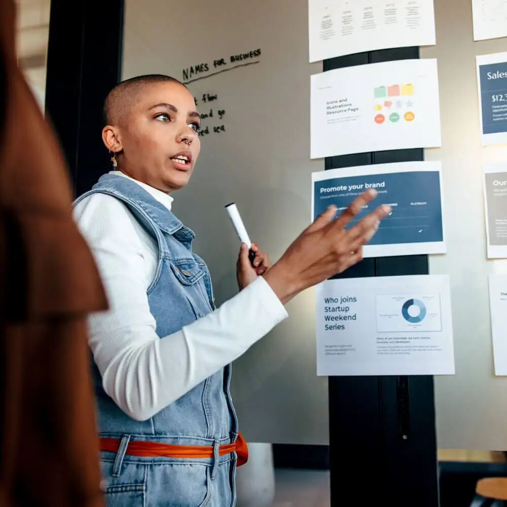A person while a whiteboard marker in their hand talks while in front of a white board and a collection of papers taped to the board.