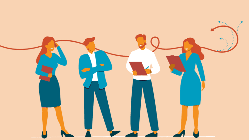 Illustration of four people standing in a row with an arrow threading speakers and listeners together highlighting how applying listening habits to improve your sales is an evolving relationship between all parties invloved.