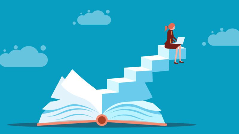 A large open book with a staircase emerging from the crease and a person seated at the top step reading. There are clouds in the background.