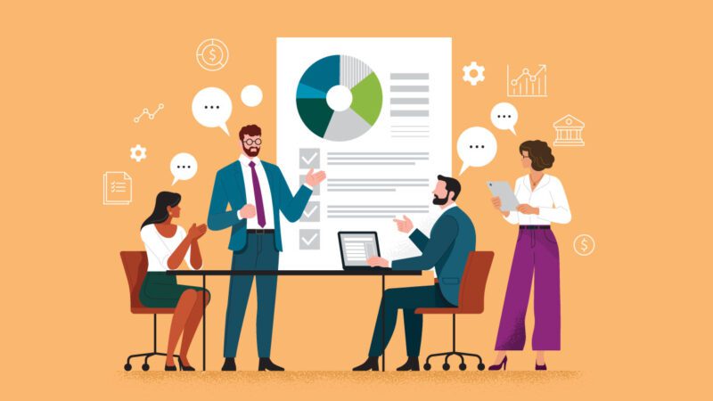 Header image for the blog "7 ways to communicate with executives that enhance your message" which features a group of co-workers gathered aroundna table with speech bubbles and diagrams floating around their heads. In the background is a presentation visual with charts and figures.