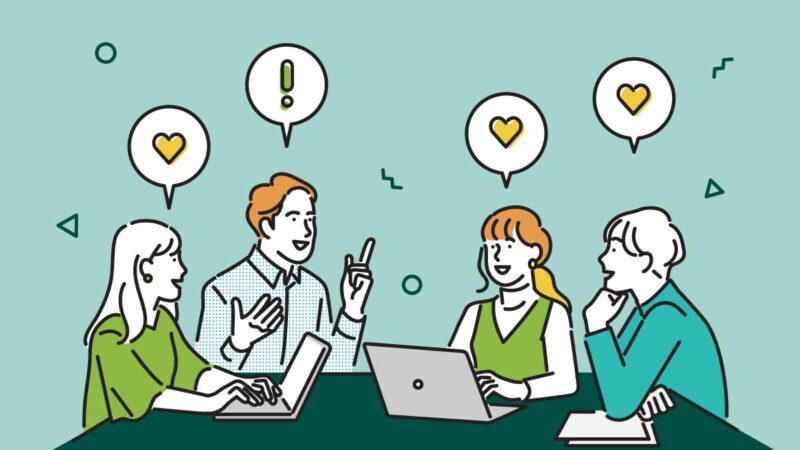 Header image for 'Corporate Presentation Skills to Make Every Meeting Count" Features a group of coworkers sitting around a laptops and notepads discussing an idea. One person has a speech bubble above their head with an exclaimation point inside, while the other three have speach bubbles with hearts inside, illustrating consensus around an idea.