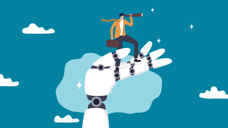 Header image for "How Generative AI is Changing Presentations" features a robotic hand holding aloft a person in business attire, holding a briefcase, and looking through a telescope with clouds intermittently in the background.