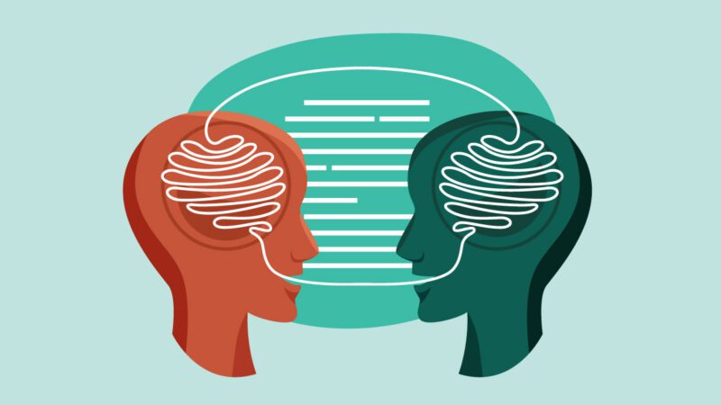 Header image for "The Power of Persuasion: Why Leaders Should Love Rhetoric" which features two heads in profile with ticket tape thought lines unraveled from each brain and mouth connecting them with text in the background.