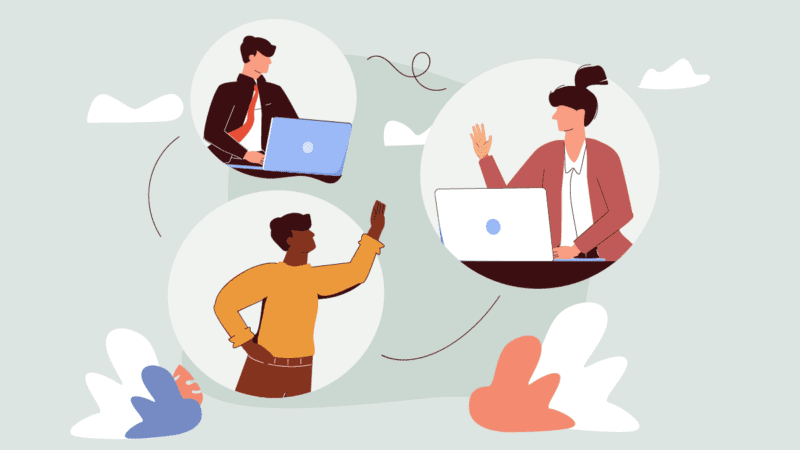 Three co-workers suspended in bubbles demonstrating communication skills to help improve productivity and connectivity across in-person and virtual environments.