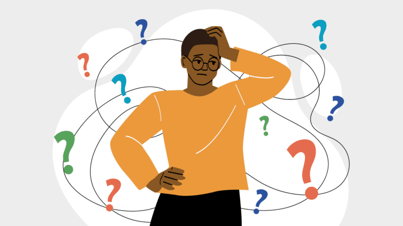 A person scratching their head surrounded by an electron cloud of question marks signifing the many situations that call for crisis communications.