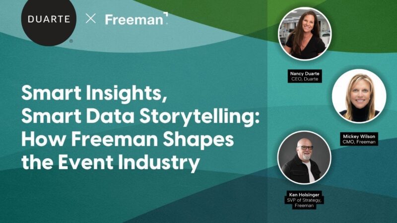 Header image for the recent webinar highlighting Duarte's ongoing work with Freeman. Text that reads "Smart insights, smart data storytelling; How Freeman shapes the event industry" With headshots of: Nancy Duarte, CEO Duarte, Mickey Wilson, CMO, Freeman, and Ken Holsinger, SVP of Strategy, Freeman