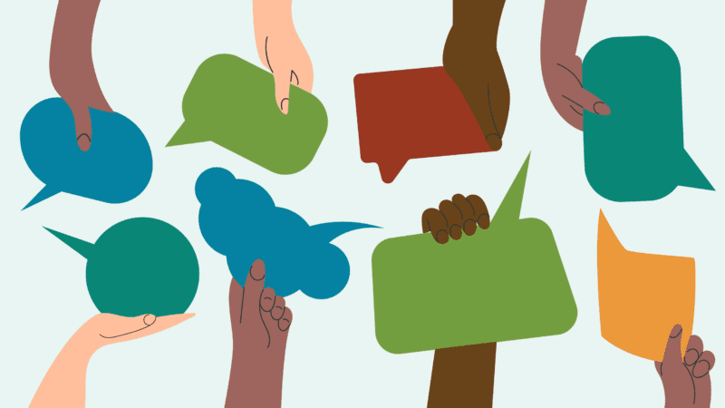 Eight hands holding speech different shaped speech bubbles to illustrate choosing the right communication skills training for your team.
