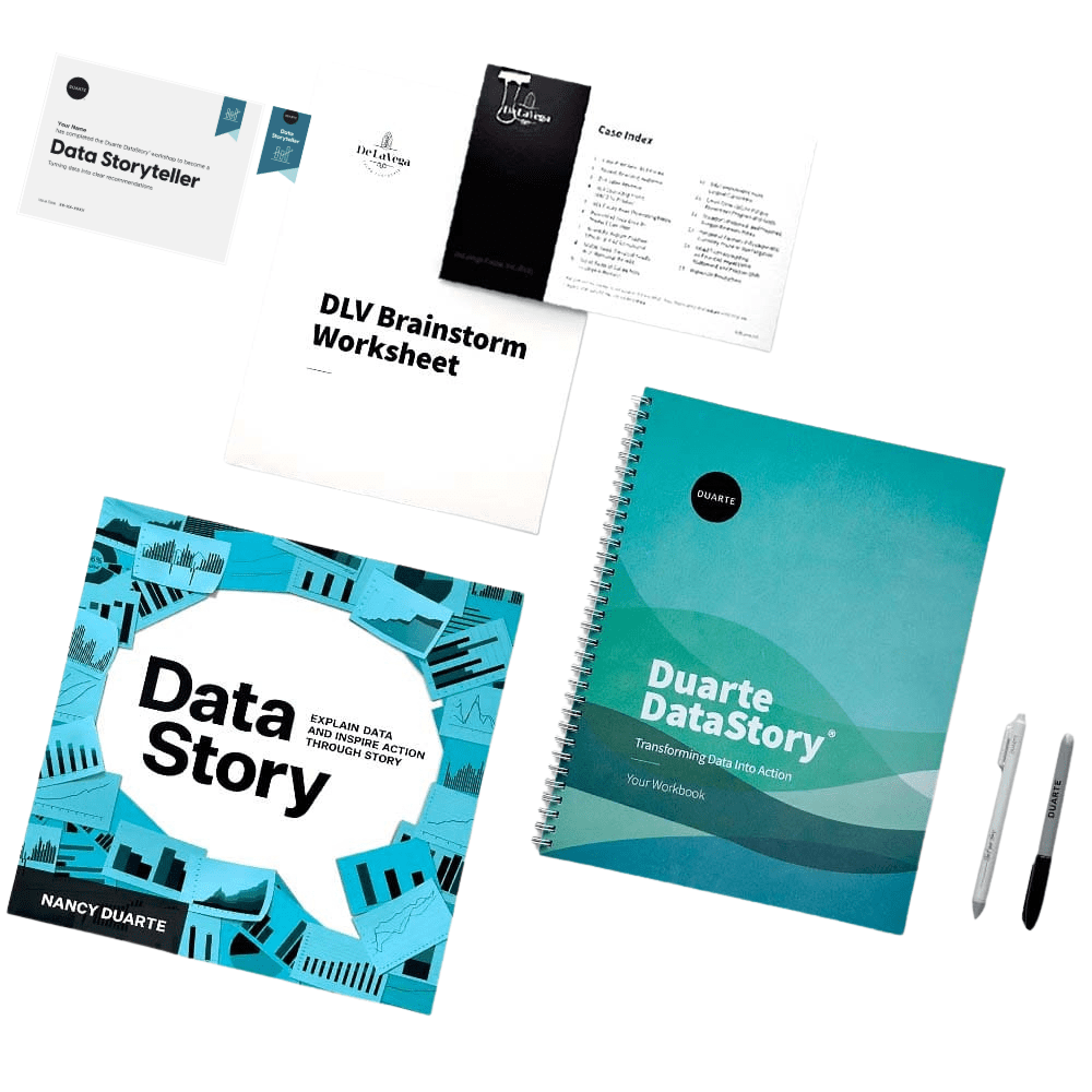 Complete DataStory Training Course Materials including the DataStory book, case studies, workbook, pen, Sharpie, and Certificate of Completion.
