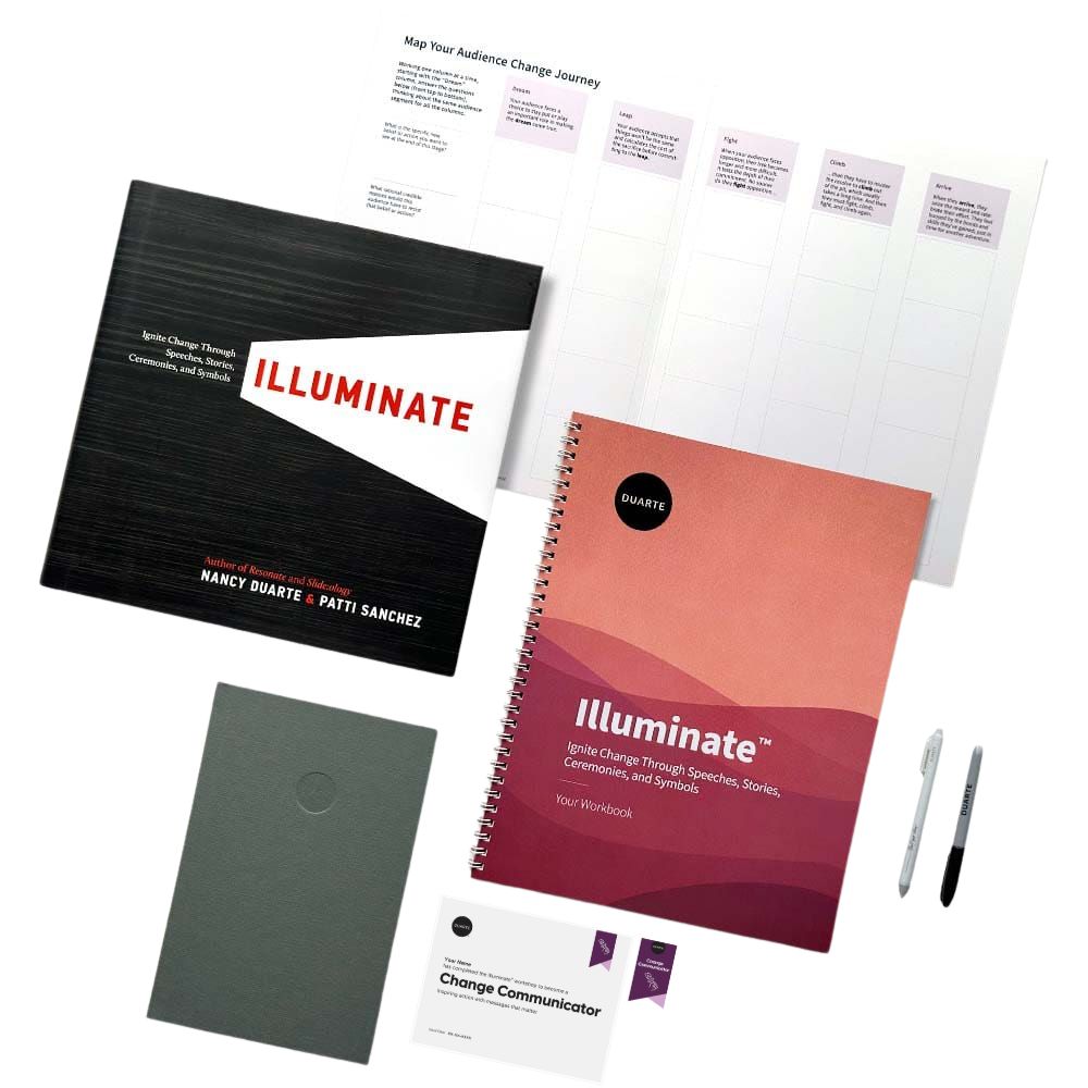 Complete Illuminate Training Course Materials including the Illuminate book, workbook, journal, pen, Sharpie, and Certificate of Completion.