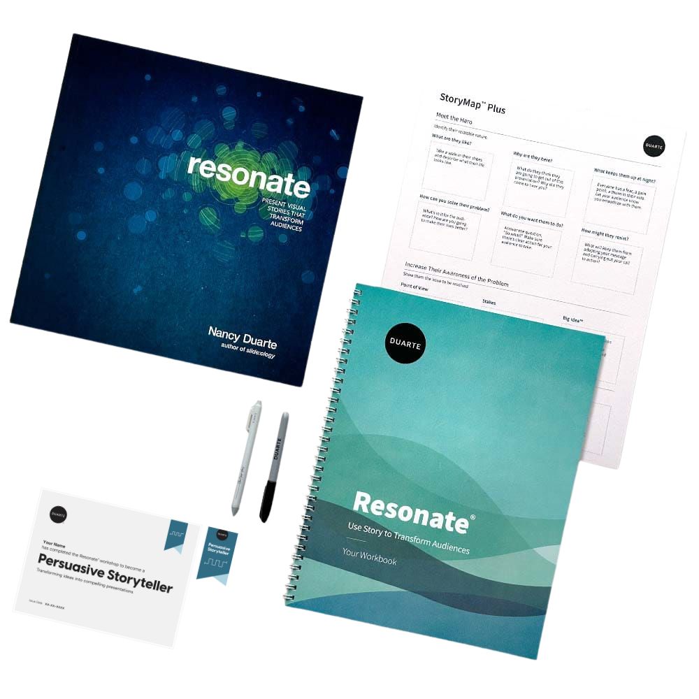 Complete Resonate Training Course Materials including the Resonate book, workbook, exercises, pen, Sharpie, and Certificate of Completion.