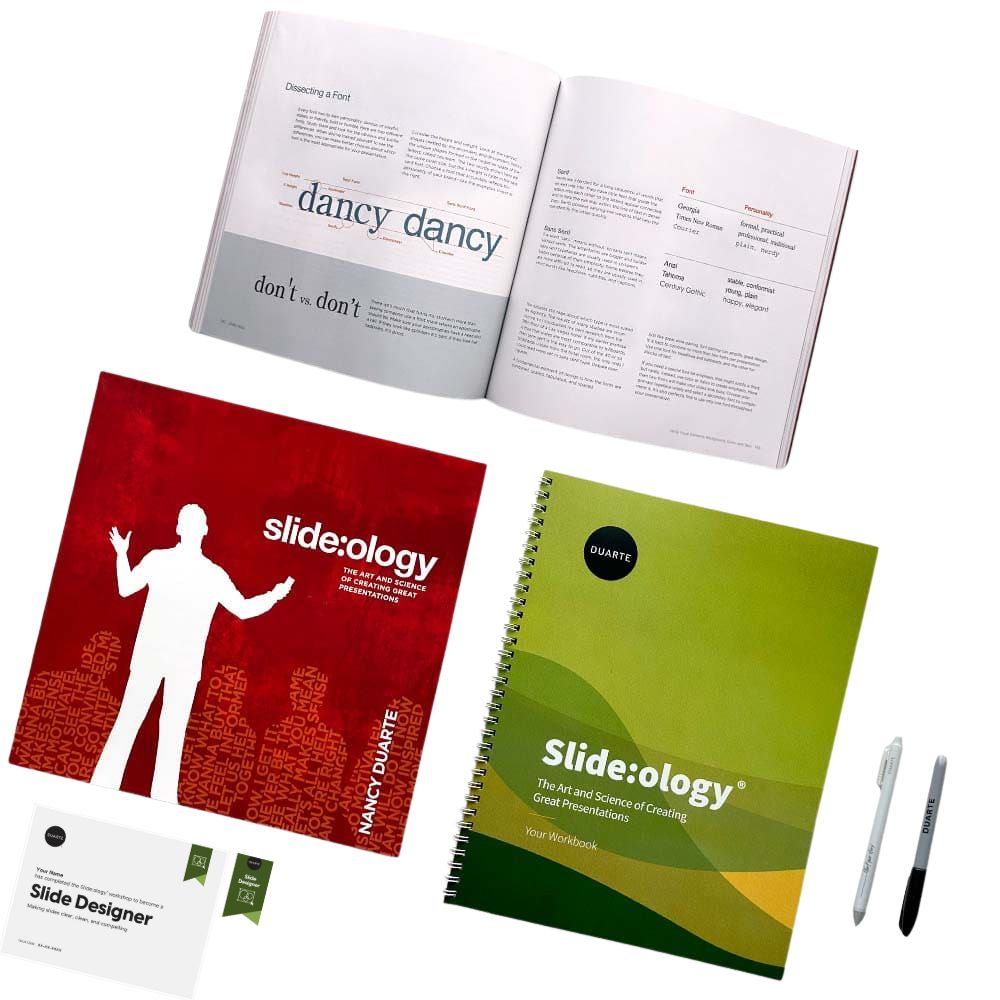 Complete Slide:ology Training Course Materials including the Slide:ology book, workbook, pen, Sharpie, and Certificate of Completion.