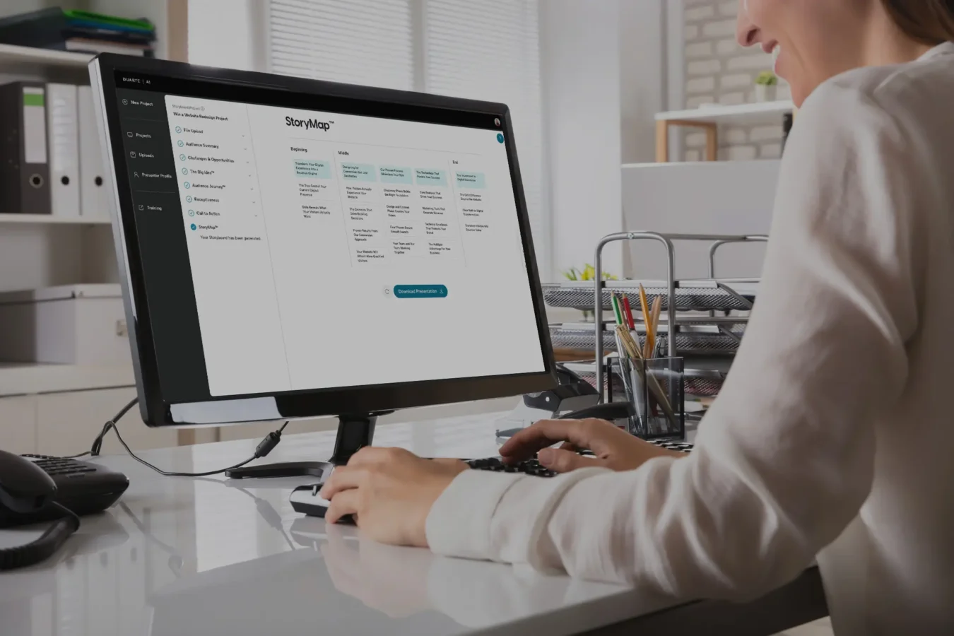 Background image of a woman using Duarte AI on her desktop computer