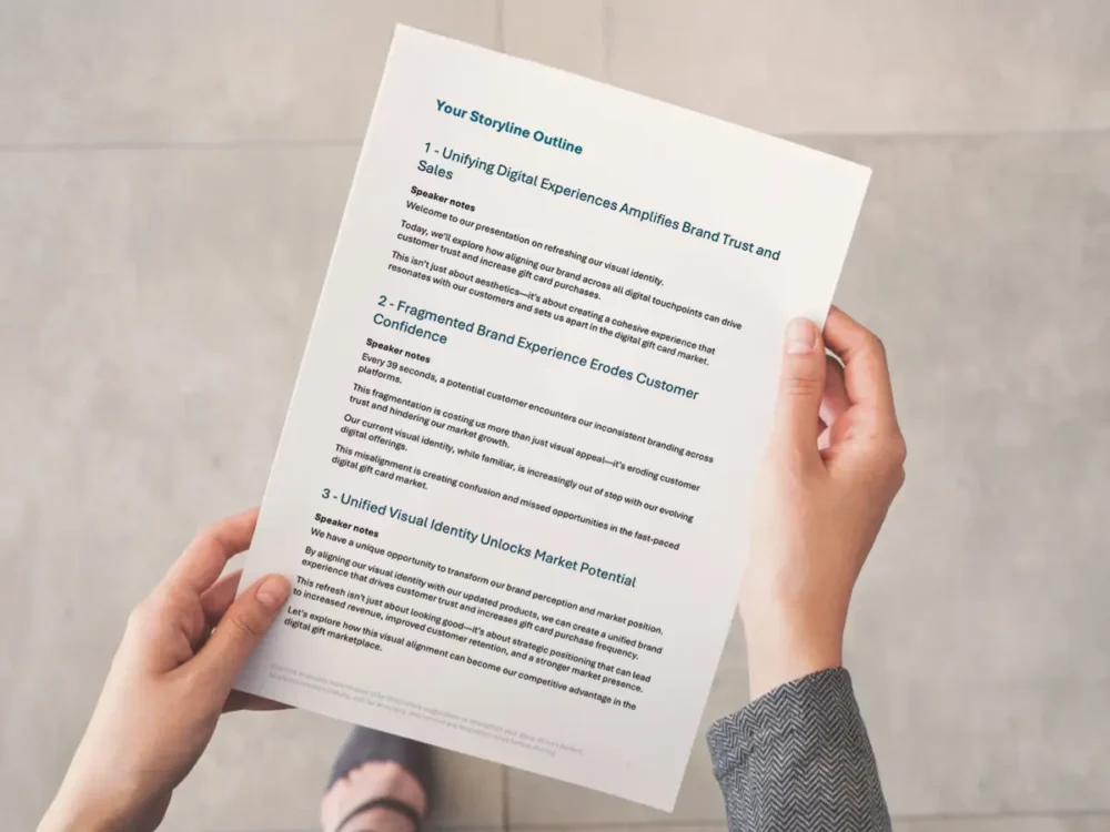 Picture of hands holding a paper with Storyline outline print