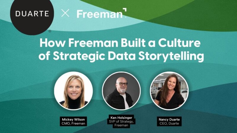Duarte and Freeman logos at the top featuring the title 'How Freeman Built a Culture of Strategic Data Storytelling' above headshots of Mickey Wilson, CMO at Freeman, Ken Holsinger, SVP of Strategy at Freeman, and Nancy Duarte, CEO at Duarte.