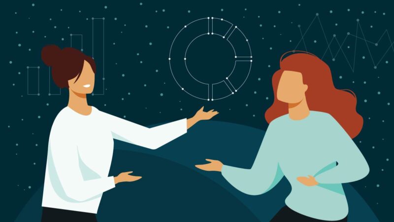 Two people talking with the night sky in the background. Charts and graphs appear as constellations behind them.