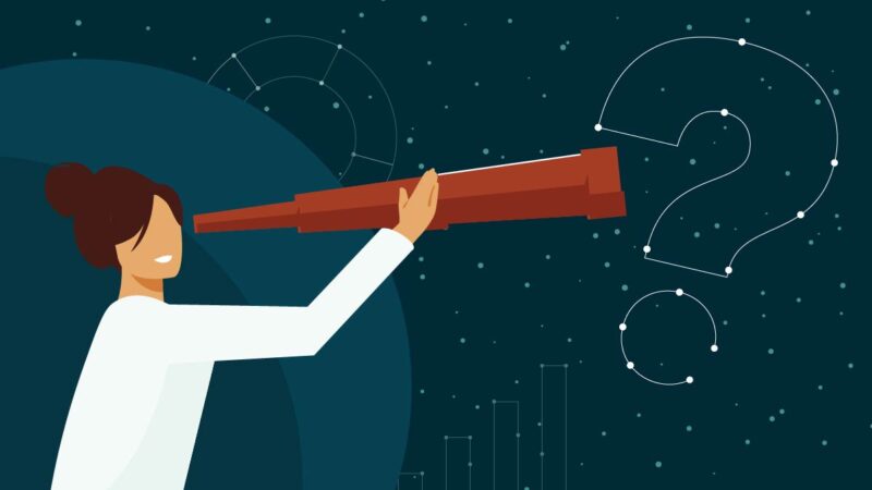 A person looking through a telescope at the night sky where a constellation in the shape of a question mark is outlined. Other charts and graphs appear on the horizon.