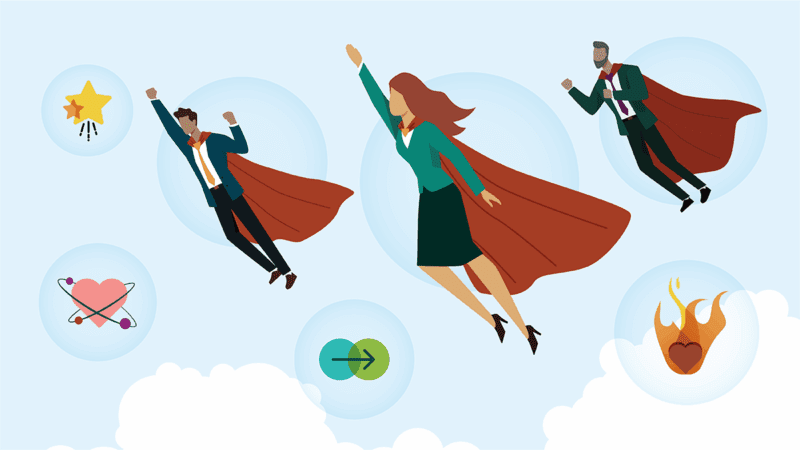 Three colleagues wearing capes and business attire are flying through clear skies and clouds with their fists raised. Each person is surrounded by an orb of power resembling their executive presence. Four more orbs are floating around the team containing a pair of stars hugging close with three propulsion lines below, a heart with two rings of orbiting circles like an electron cloud, two circles overlapping with a right facing arrow, and a heart engulfed in flames. Each icon symbolizes an element of memorable presence that builds trust and drives action.