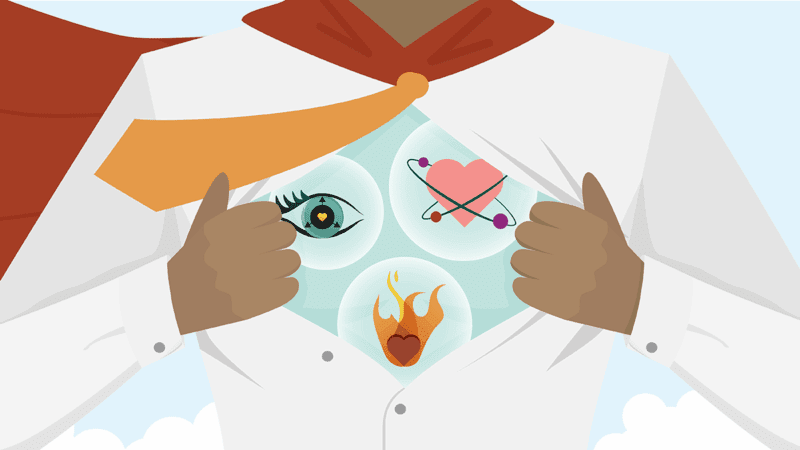 A person’s torso in a dress shirt, tie, and cape is pulling each side of their shirt to reveal three orbs containing a heart with two rings of orbiting circles like an electron cloud, a heart engulfed in flames, and an open eye with curled lashes and a heart at the center of its pupil. In the background are clouds and open sky, which the person is soaring through, powered by the combined elements that make up their executive presence. 