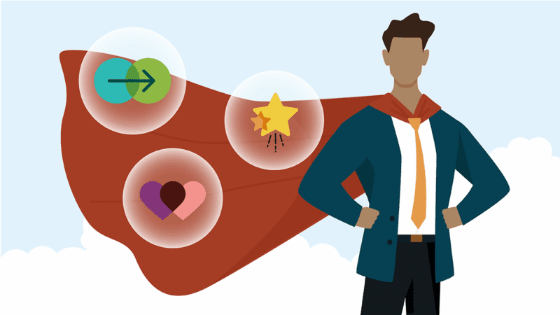 A person in a suit, dress shirt, and tie is standing with their hands on their hips with confidence as their unfurled cape laps behind them in the wind. Three orbs are floating in front of the cape containing two circles overlapping with a right facing arrow, a pair of stars hugging close with three propulsion lines below, and two hearts overlapping into a Venn Diagram. Together, these elements help the person meet every moment with executive presence and leave powerful impressions during team meetings, on-stage or on-camera events, and one-on-one conversations.