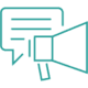 Line illustration of a megaphone beside a document filled with lines of text.