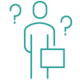 Line illustration of a person standing between two question marks.