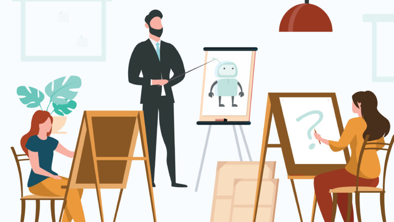 An executive presenting their plan for AI adoption represented by an easel propping up the image of a cartoon robot. Across from the executive two employees are sitting at easels of their own like a painting class and are trying to paint the robot. The employee whose easel we can see has a large question mark on it instead of the cartoon robot, and they appear flustered. This is how it can feel for teams pursuing AI adoption efforts but change communication breaks down.