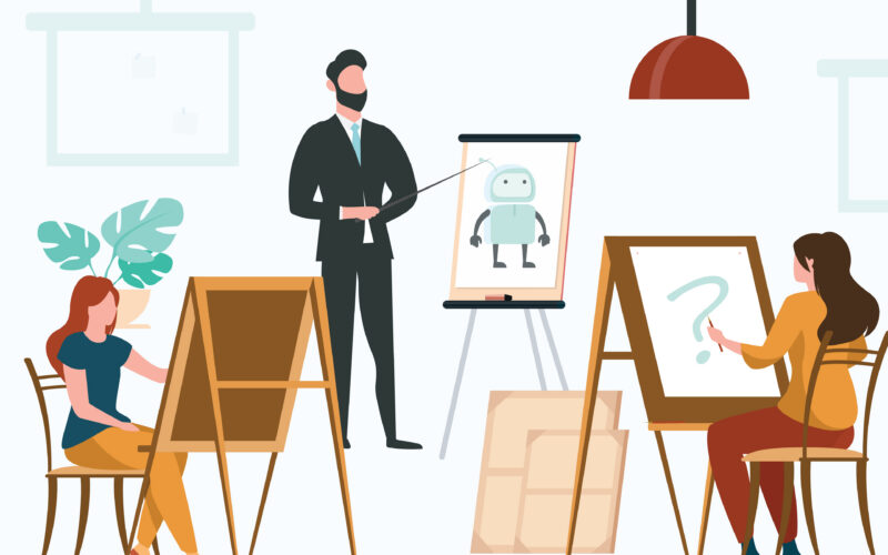 An executive presenting their plan for AI adoption represented by an easel propping up the image of a cartoon robot. Across from the executive two employees are sitting at easels of their own like a painting class and are trying to paint the robot. The employee whose easel we can see has a large question mark on it instead of the cartoon robot, and they appear flustered. This is how it can feel for teams pursuing AI adoption efforts but change communication breaks down.